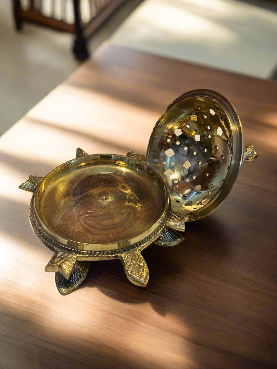 Ornate Brass Tortoise Humad Dani with Peacock Finial | Traditional Indian Dhoop Dani