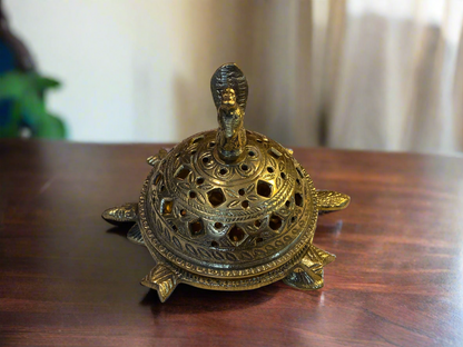 Ornate Brass Tortoise Humad Dani with Peacock Finial | Traditional Indian Dhoop Dani