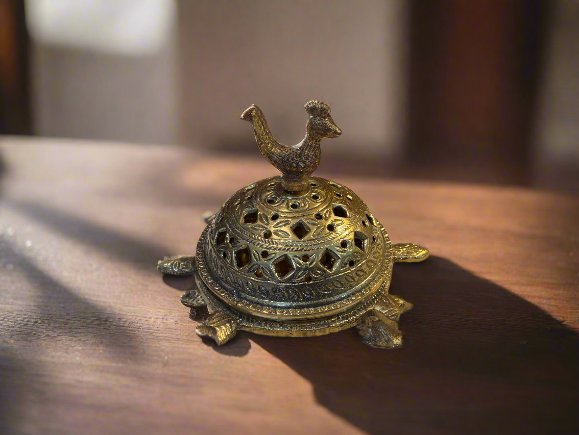 Ornate Brass Tortoise Humad Dani with Peacock Finial | Traditional Indian Dhoop Dani