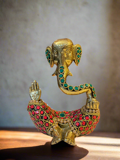 Brass Ganesha with Vibrant Stonework | Unique Sitting Pose Statue