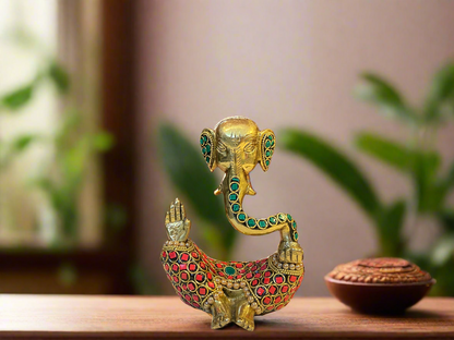 Brass Ganesha with Vibrant Stonework | Unique Sitting Pose Statue