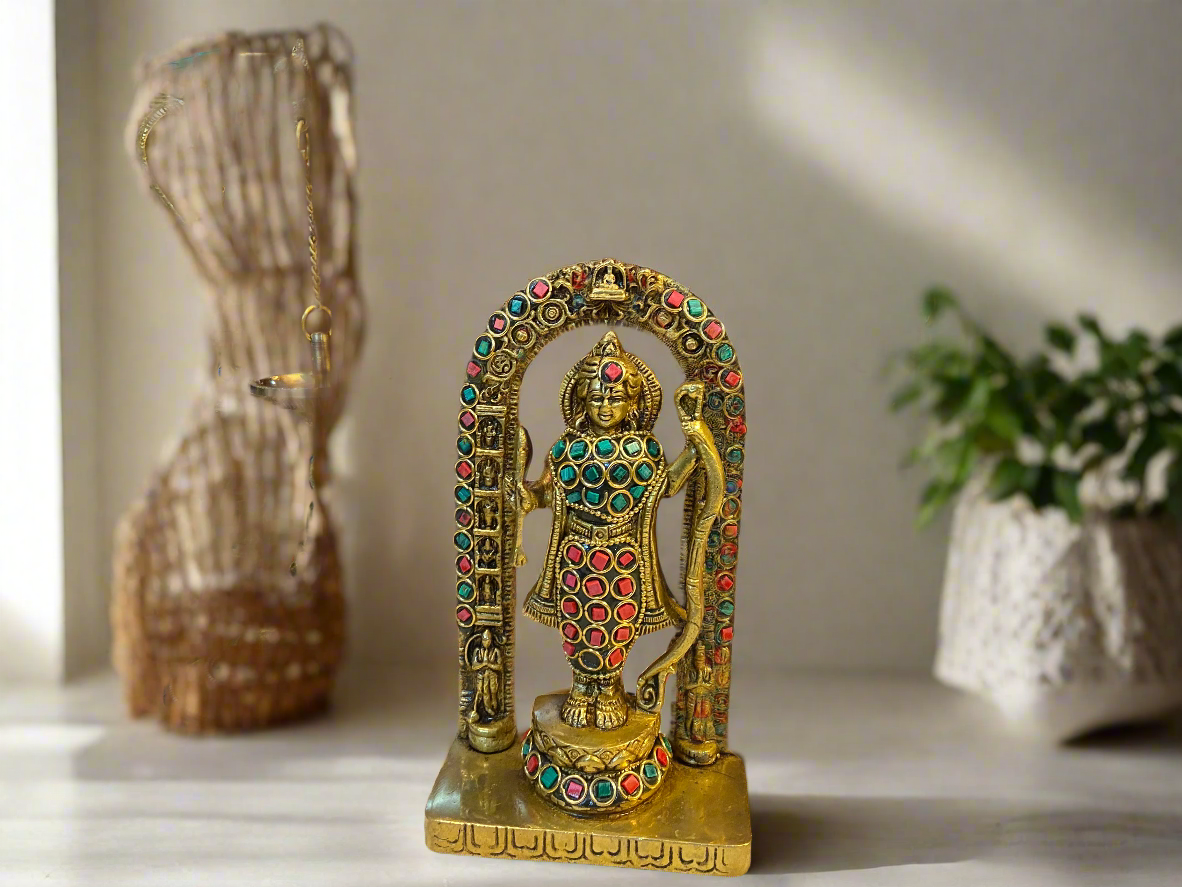 Stone-Studded Brass Shri Ram Statue | Handcrafted Hindu Decor