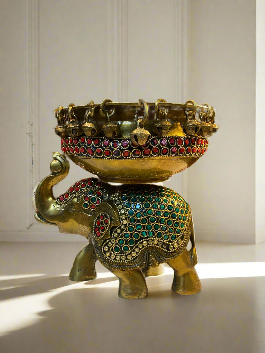 Handcrafted Brass Elephant Bowl with Enamel Inlay | Luxury Decorative Accent