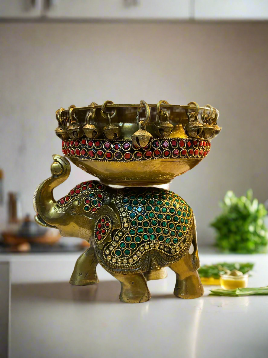 Handcrafted Brass Elephant Bowl with Enamel Inlay | Luxury Decorative Accent