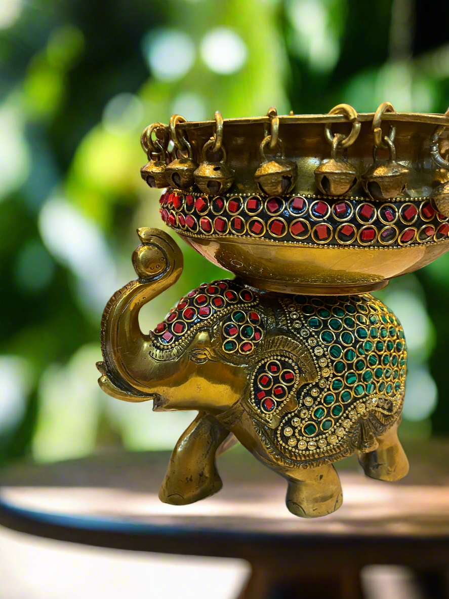 Handcrafted Brass Elephant Bowl with Enamel Inlay | Luxury Decorative Accent