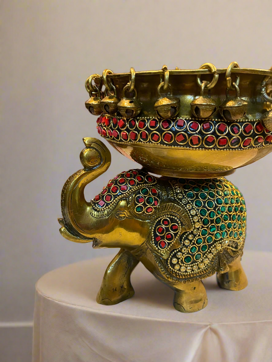 Handcrafted Brass Elephant Bowl with Enamel Inlay | Luxury Decorative Accent