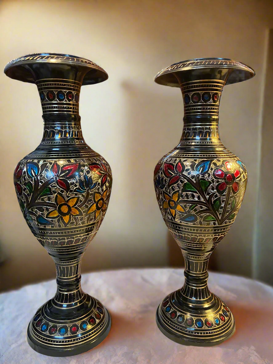 Antique Brass Flower Vase Set with Hand-Painted Floral Design | Indian Home Decor"