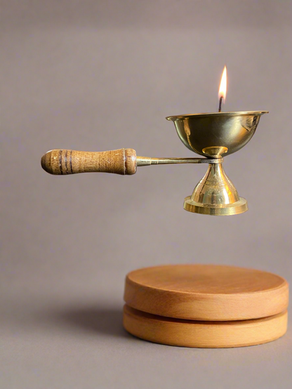 Handcrafted Brass Diya with Wooden Handle