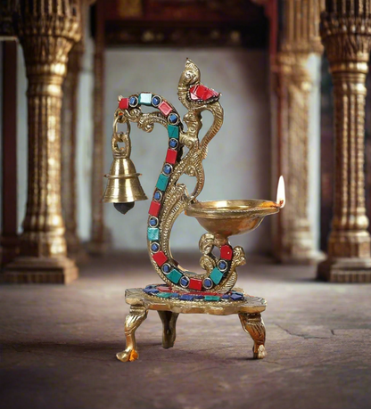 Elegant Brass Parrot Diya with Bell and Stone Inlay | Traditional Indian Pooja Lamp"