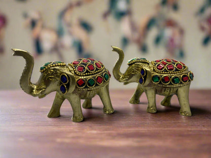 Brass Elephant Pair with Natural Stones – Symbol of Prosperity