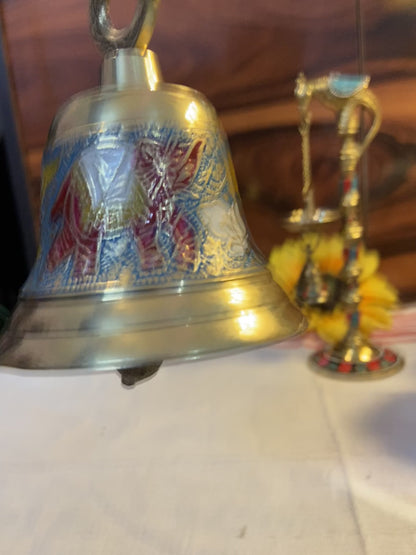 Brass Temple Bell with Enamel Elephant Design | Sacred Puja Bell for Home Temple