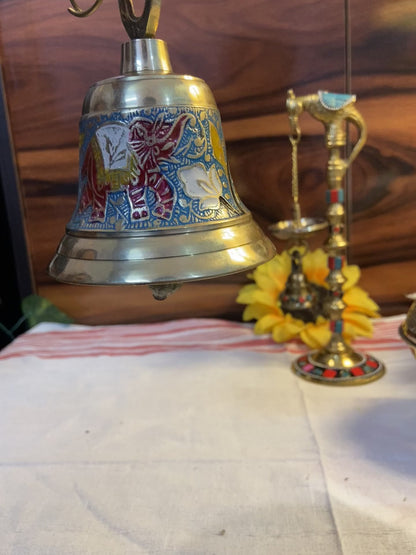 Brass Temple Bell with Enamel Elephant Design | Sacred Puja Bell for Home Temple