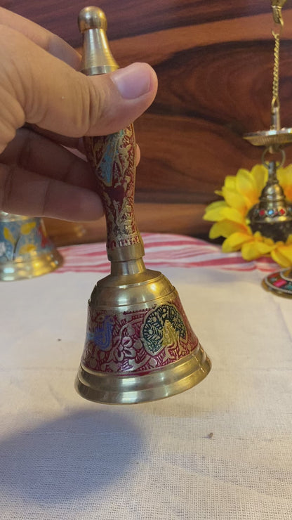 Handcrafted Brass Pooja Bell with Enamel Work | Auspicious Temple Ghanti